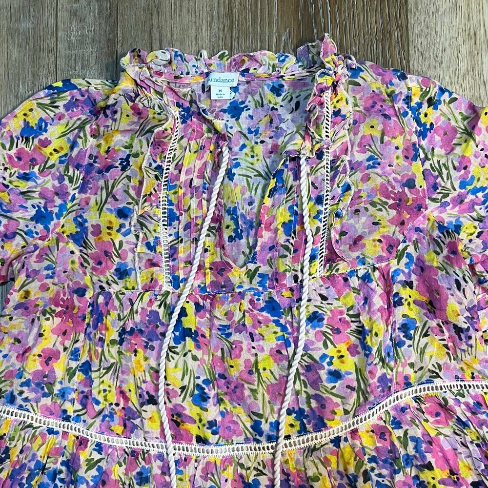 Sundance Pink Floral Ruffle Tiered Fairy Mini Dress M Preppy Girly Shabby Chic - Picture 3 of 5